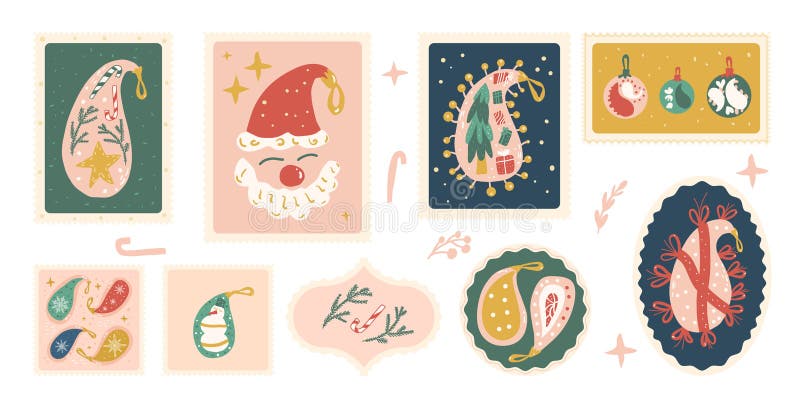 Set of Christmas emblem and decoration elements. Happy New Years stickers kit. Vector hand drawn collection illustration isolated royalty free illustration
