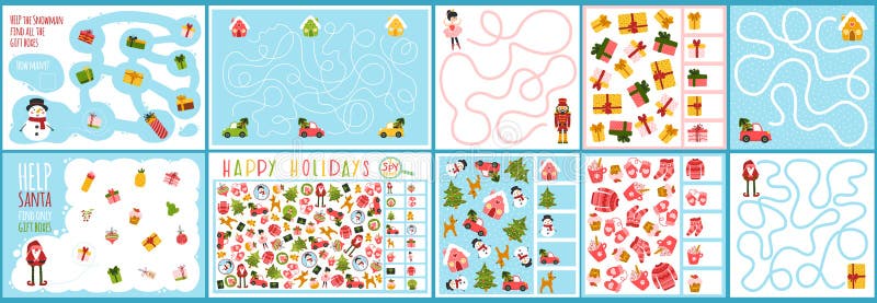 A set of Christmas games for children. Spy and maze game. Vector illustration in hand drawn cartoon childish style