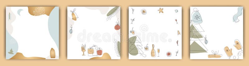Set of Christmas Instagram Post Templates , New Year and winter, modern minimalist art, trend . Fashion illustrations vector,  One