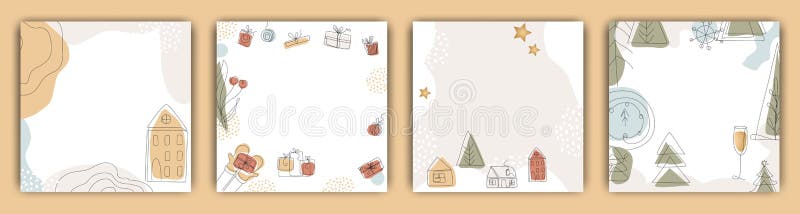 Set of Christmas Instagram Post Templates , New Year and winter, modern minimalist art, trend . Fashion illustrations vector,  One