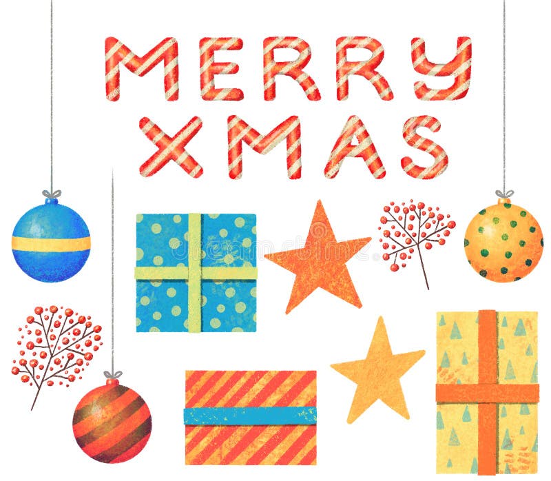 Set of christmas lettering, gifts, balls, stars, berries. royalty free stock photo Set of christmas lettering, gifts, balls, stars, berries. royalty free stock photo