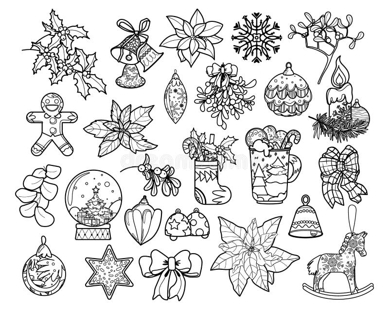 Set of Christmas Linear Stickers. Elements in Doodle Style with Outline ...