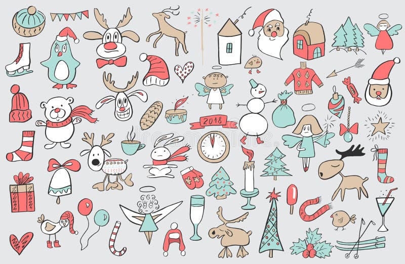 Set of Christmas and New Year doodle holiday characters and elements. Funny cute design. Vector illustration royalty free illustration Set of Christmas and New Year doodle holiday characters and elements. Funny cute design. Vector illustration royalty free illustration