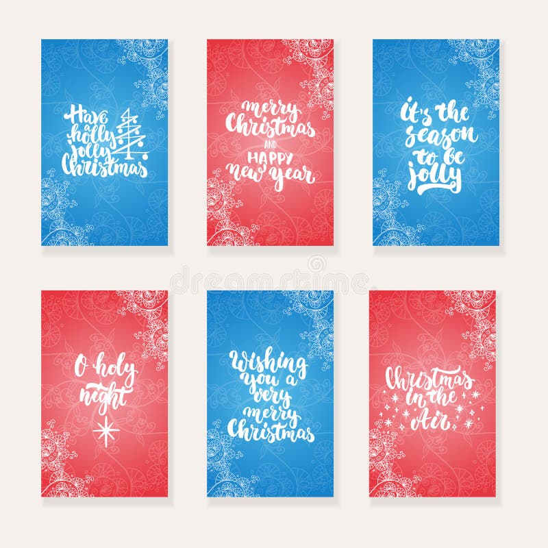 Set of 6 Christmas and New Year greeting cards with hand drawn brush lettering and doodles. Holiday invitation.