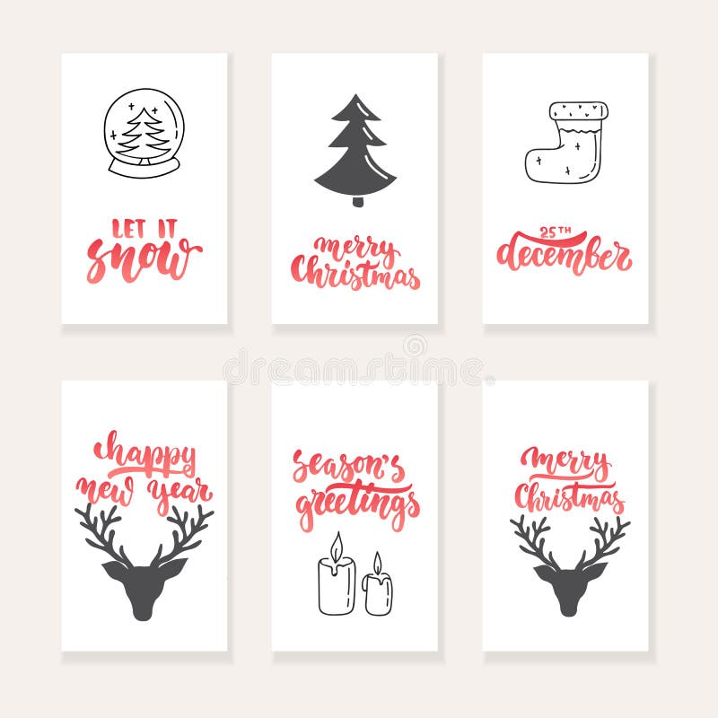 Set of 6 Christmas and New Year greeting cards with hand drawn brush lettering and sketch elements. Holiday invitation.