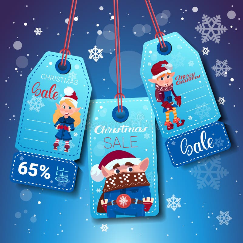 Set Of Christmas And New Year Sale Tags With Elfs On Blue Snowflakes Background