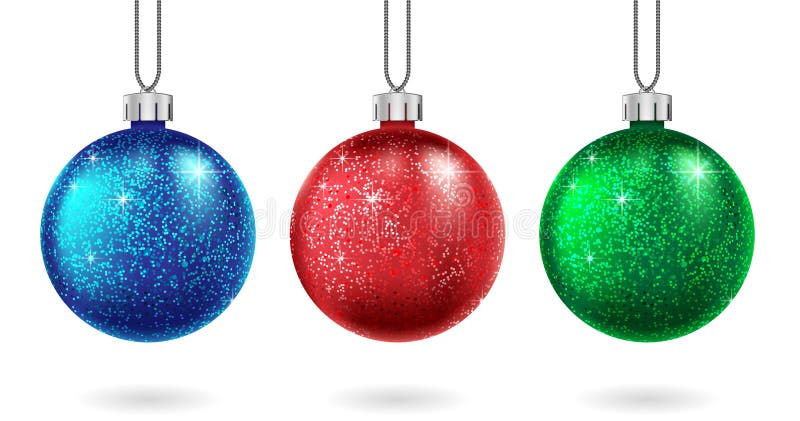 Set of Christmas red, blue and green ball isolated. Sparkling glitter bauble. Christmas and New Year bauble for cards