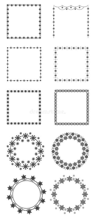 Set of christmas round and square frames isolated on white background, flat vector illustration