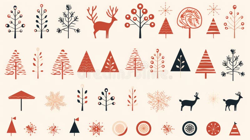 A set of christmas trees deer and other objects in red black and white vector illustration
