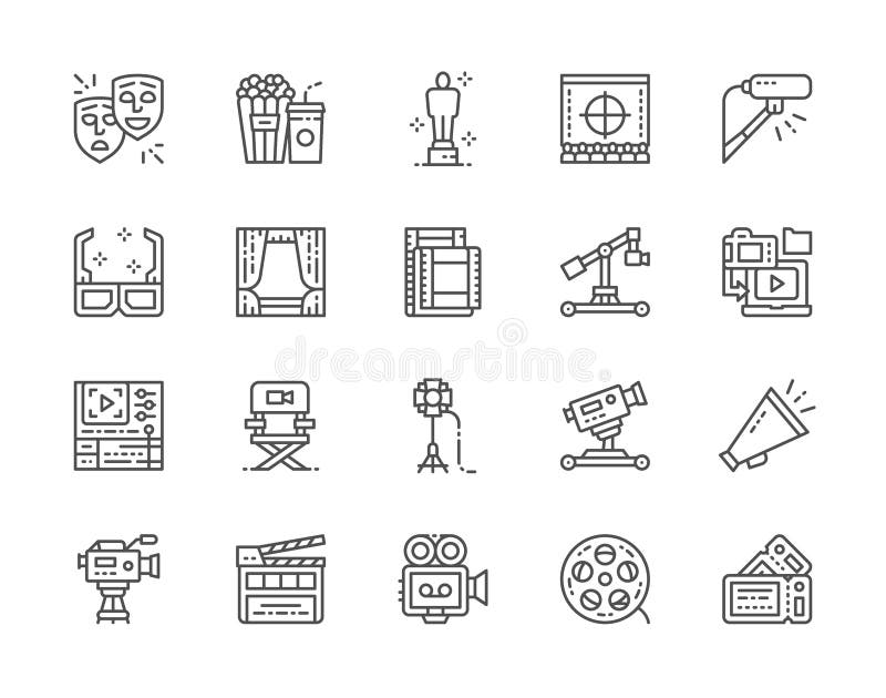 Set of Cinema Line Icons. Popcorn, Masks, Clapper Board, Tickets and more. royalty free illustration Set of Cinema Line Icons. Popcorn, Masks, Clapper Board, Tickets and more. royalty free illustration