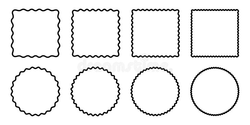 Set of circle and square frames with wavy and zigzag edges. Rectangular and round shapes with curvy and jagged borders vector illustration