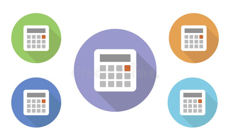 Set of circular illustrated icons of different colors with calculator and display on web pages stock illustration