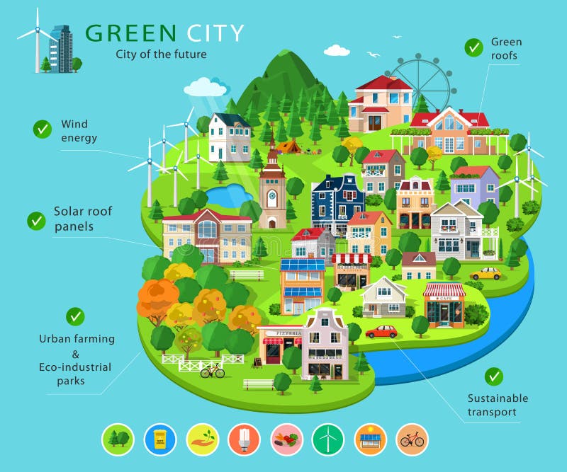 Set of city buildings and houses, eco parks, lakes, farms, wind turbines and solar panels, ecology infographic elements. royalty free illustration Set of city buildings and houses, eco parks, lakes, farms, wind turbines and solar panels, ecology infographic elements. royalty free illustration