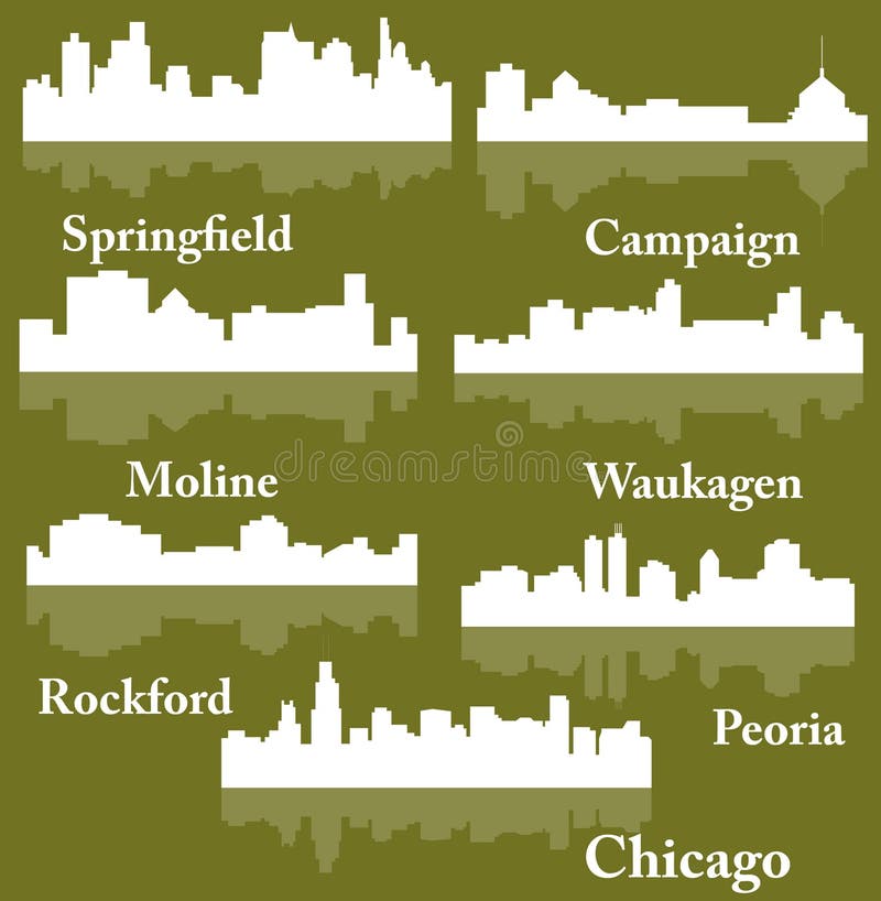 Set of 7 City in Illinois (Chicago, Peoria, Campaign, Waukagen, Rockford, Springfield, Moline)