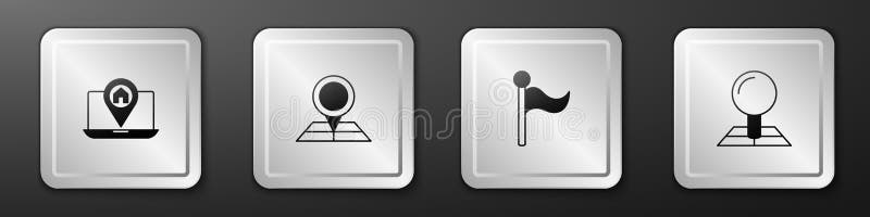 Set City map navigation, Folded with location marker, Flag and icon. Silver square button. Vector stock illustration