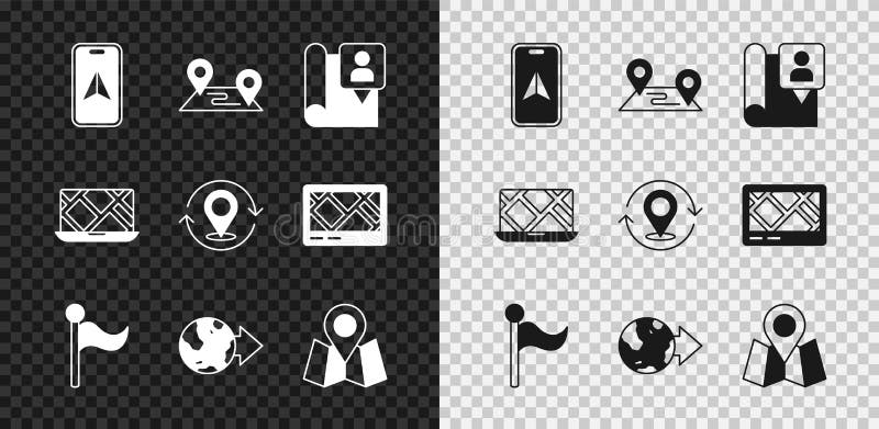 Set City map navigation, Route location, Folded with marker, Flag, Location the globe, and Map pin icon. Vector stock illustration