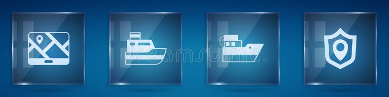 Set City map navigation, Ship line path, and Location shield. Square glass panels. Vector vector illustration