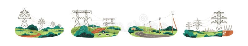 Set of city and nature landscapes with high-voltage electric power towers for energy transmission and distribution