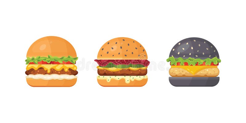 Set of classic burgers with flying ingredients. Vector hamburger icons. royalty free illustration Set of classic burgers with flying ingredients. Vector hamburger icons. royalty free illustration