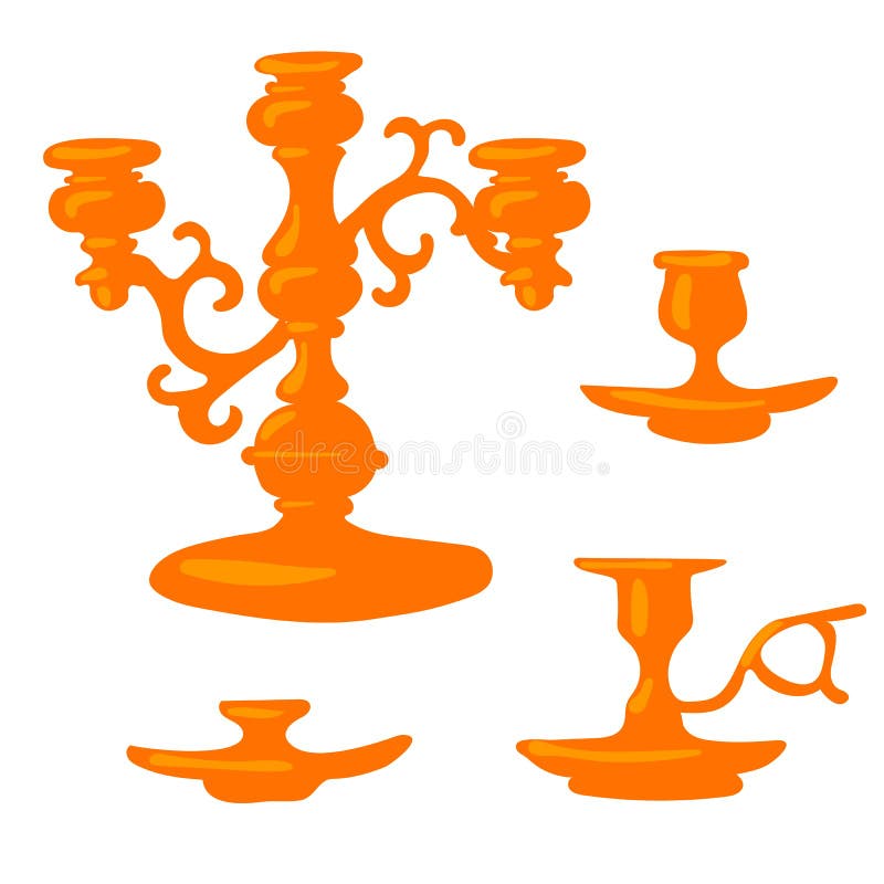 A Set of Classic Gold Candlesticks on a White Background. Vintage Hand