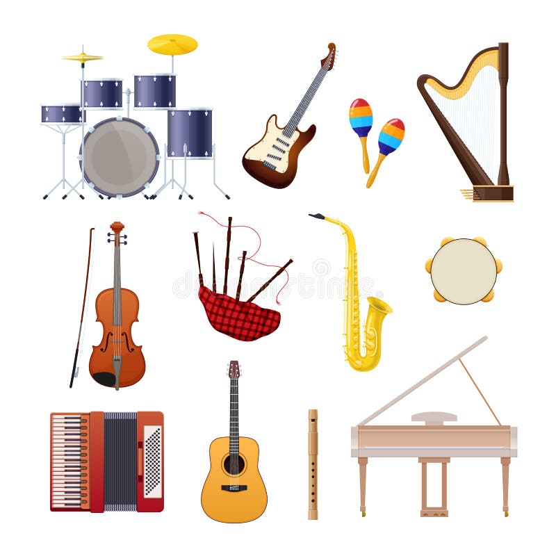 Set of classical wooden and metallic musical instruments. vector illustration