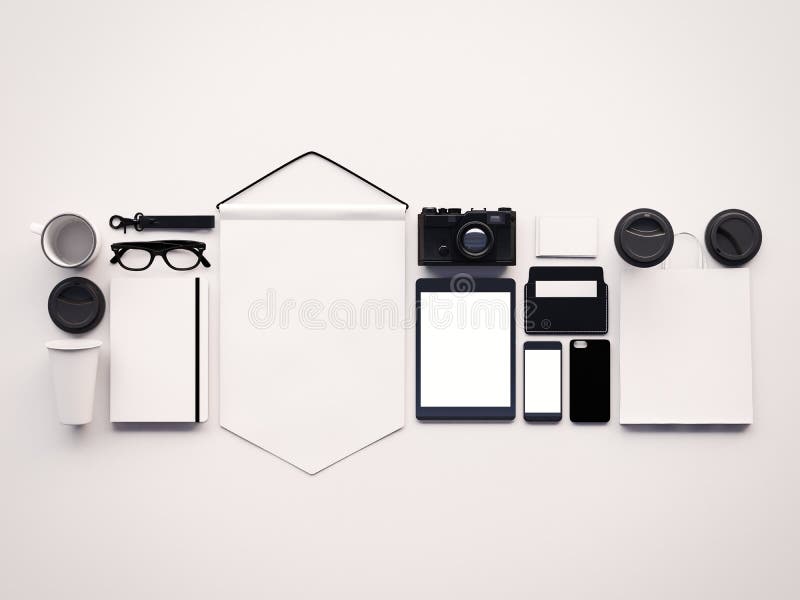 Set of clean generic design office elements on the white background. Horizontal, top view. 3d render vector illustration
