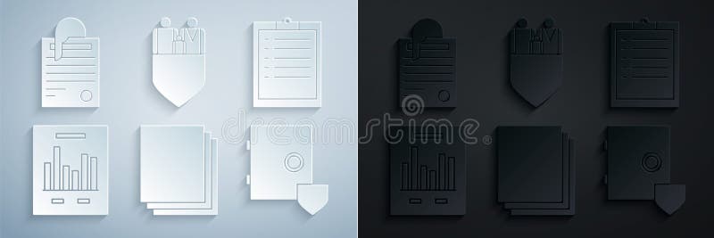 Set Clean paper, Clipboard with checklist, Document graph chart, Safe shield, Family insurance and File document and vector illustration