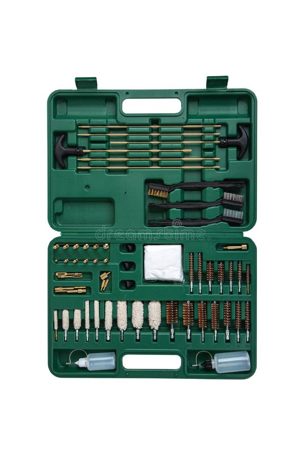 A Set for Cleaning Weapons in a Green Case Isolate on a White Back