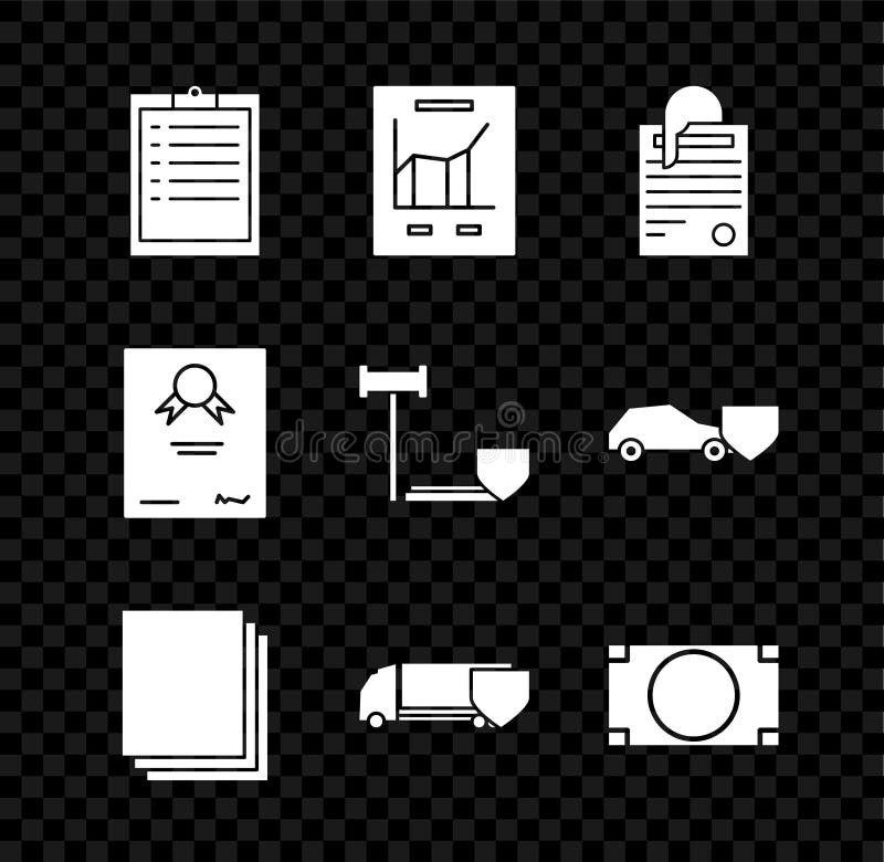 Set Clipboard with checklist, Document graph chart, File document and paper clip, Clean, Delivery cargo truck shield stock illustration