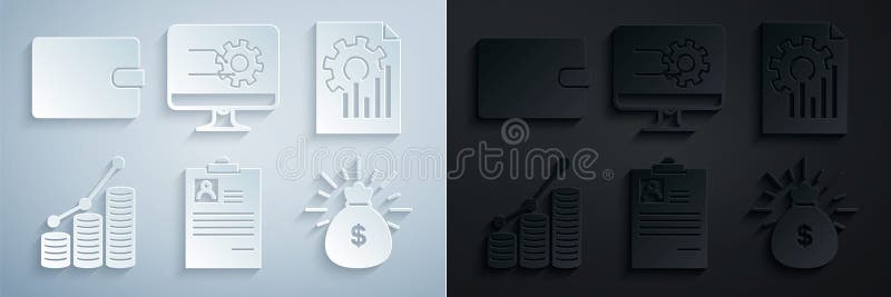 Set Clipboard with resume, Document graph chart, Pie infographic and coin, Money bag, Computer monitor and Wallet icon vector illustration