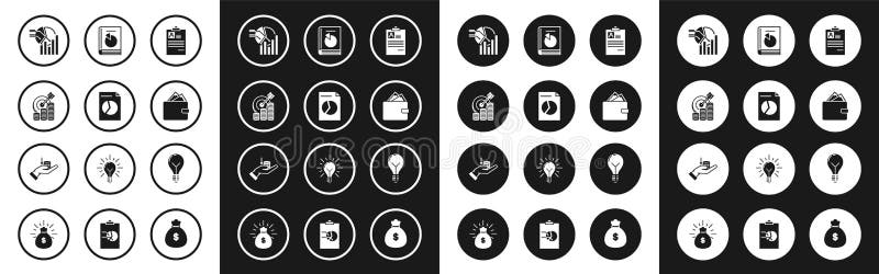Set Clipboard with resume, Document graph chart, Target coin symbol, Pie infographic, Wallet stacks paper money cash royalty free illustration