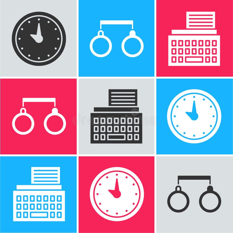 Set Clock, Handcuffs and Retro typewriter icon. Vector royalty free illustration