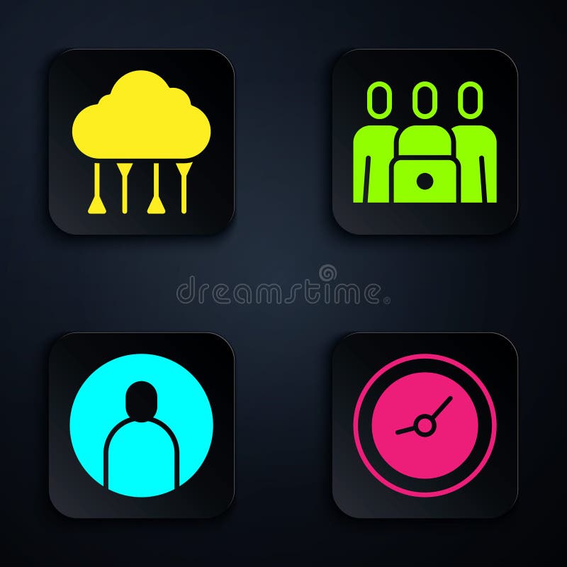 Set Clock, Network cloud connection, Create account screen and Online class. Black square button. Vector stock illustration