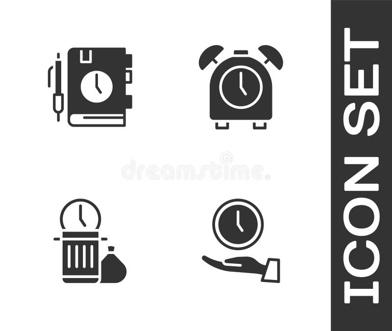 Set Clock, Daily paper notepad, Waste of time and Alarm clock icon. Vector stock illustration