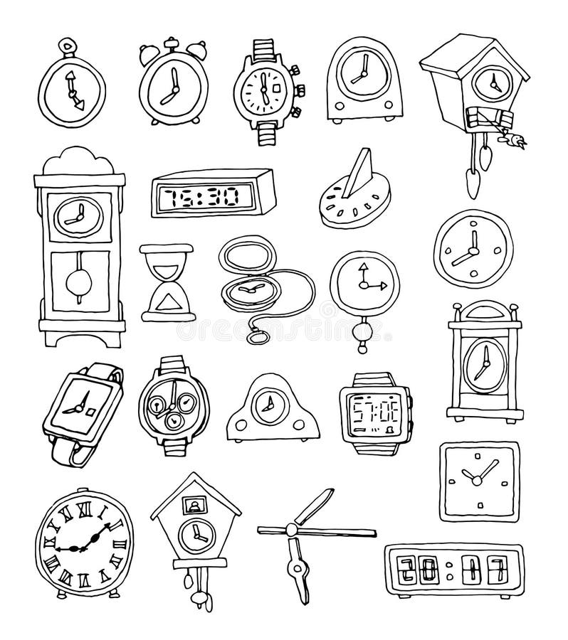 Set of Clocks and Watches, Hand Drawn Vector Illustration. Stock Vector