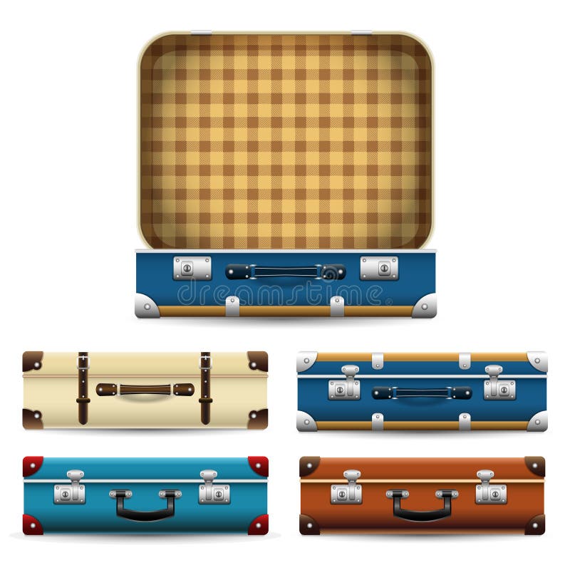 Set of closed and open old retro vintage suitcases