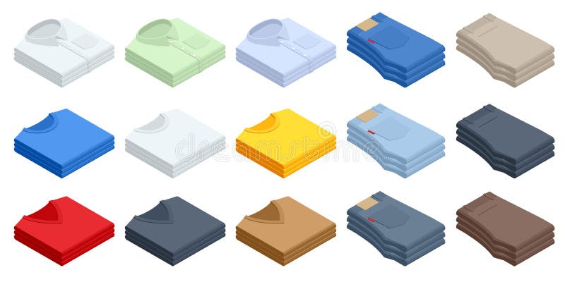 Set clothes isometric shirt, t-shirt, sweater, jeans. Big t-shirt template collection of different colors