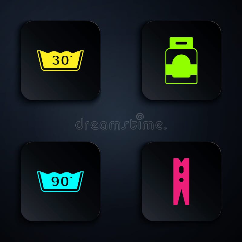 Set Clothes Pin, Temperature Wash, and Laundry Detergent. Black Square