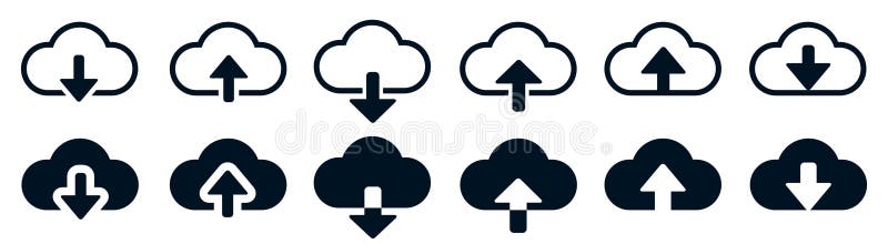 Set cloud download and upload icons. Flat sign for mobile and web design. Cloud with arrow up and down simple outline and filled royalty free illustration