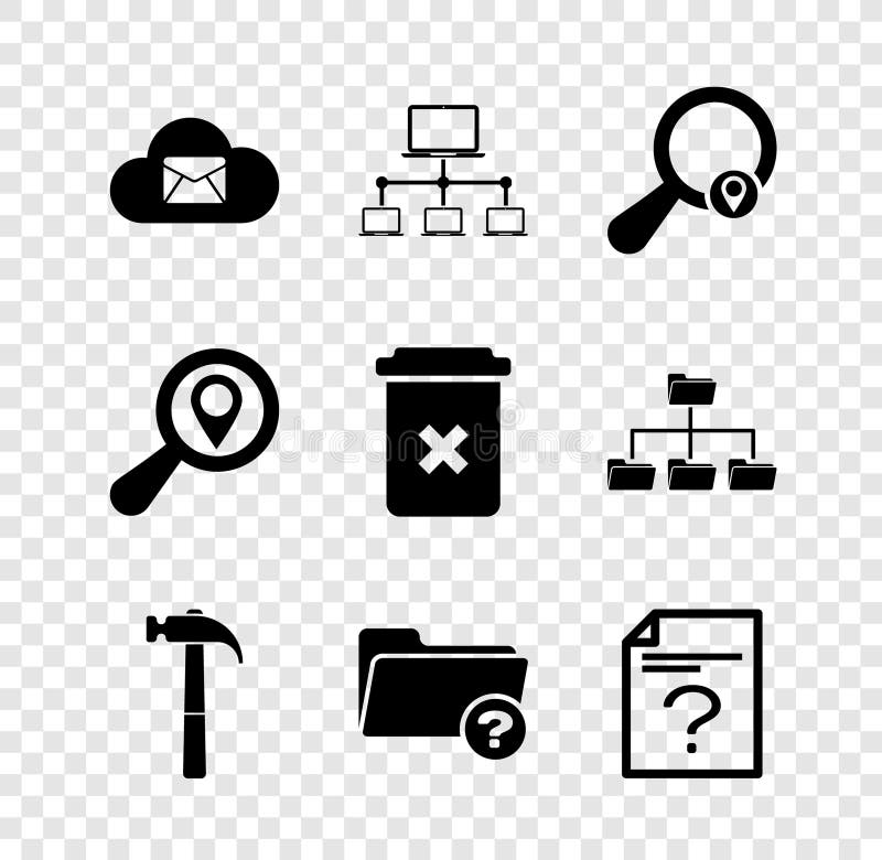Set Cloud mail server, Computer network, Search location, Hammer, Unknown directory and document icon. Vector vector illustration