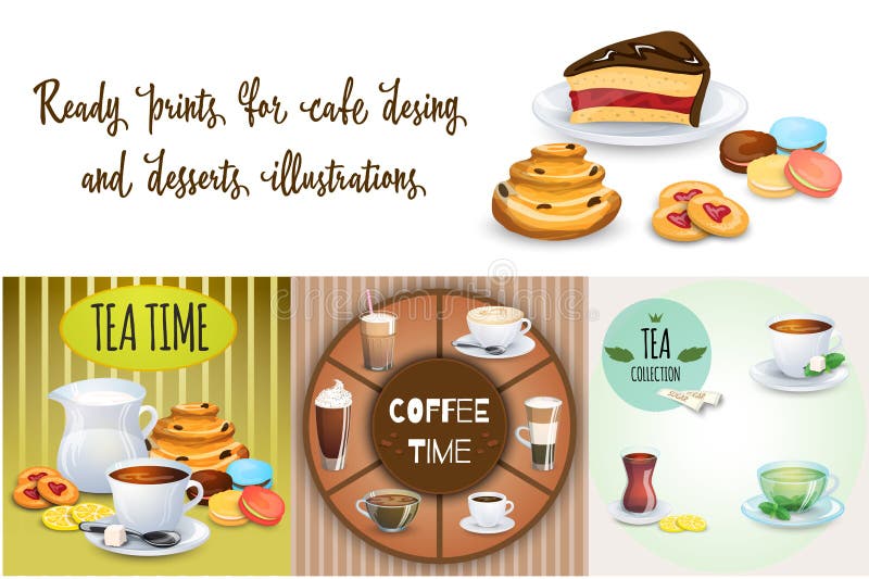 Set of Coffee drinks, sweets and bakery products. Some different illustrations. Vector Illustration stock illustration