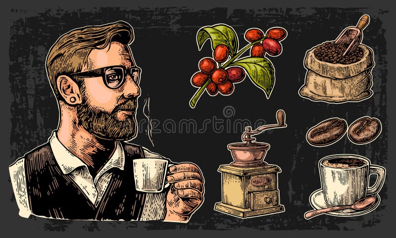 Set coffee. Hipster barista holding a cup, sack with wooden scoop and beans, cup, branch with leaf and berry. stock illustration Set coffee. Hipster barista holding a cup, sack with wooden scoop and beans, cup, branch with leaf and berry. stock illustration