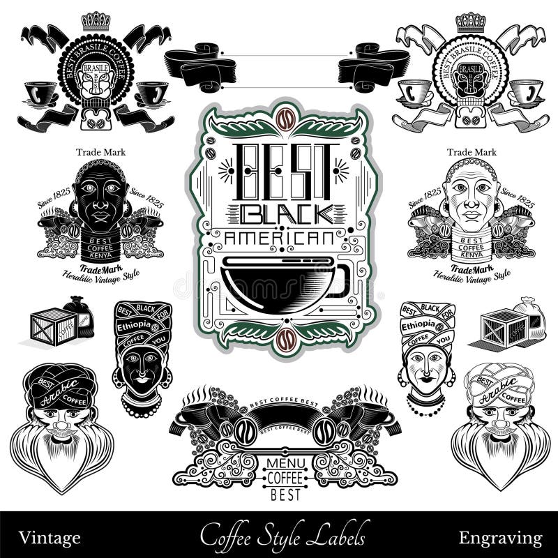Set of coffee labels and elements from different part of world. isolated black royalty free illustration Set of coffee labels and elements from different part of world. isolated black royalty free illustration