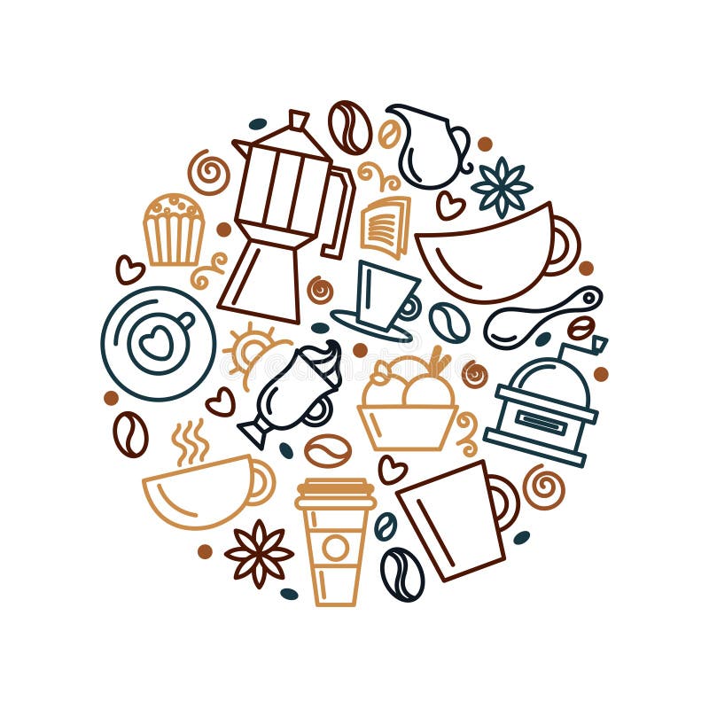 Set of Coffee Theme. Line Art Draw Icons in the Circle Stock Vector