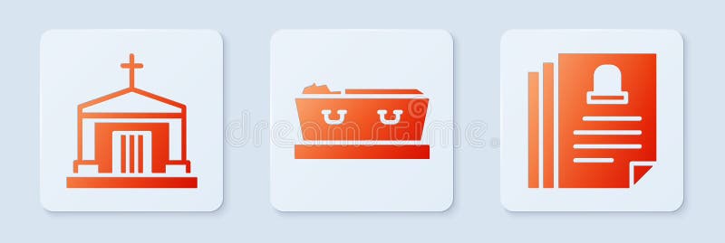 Set Coffin with dead, Old crypt and Death certificate. White square button. Vector stock illustration