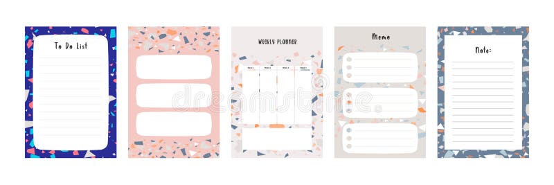 Set collection of colorful blank memo note letter file document diary book template layout with abstract terrazzo seamless pattern vector illustration