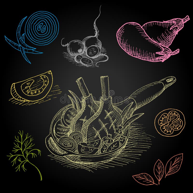 Set of Color Chalk Drawn on a Blackboard Food Stock Vector - Illustration  of chalk, blackboard: 80465470