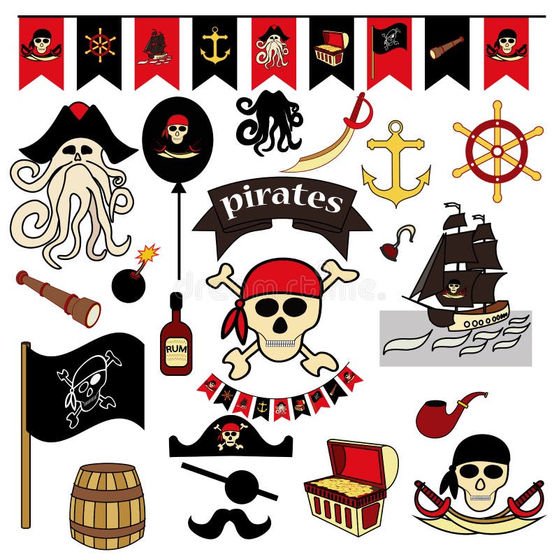 Set of 23 color elements on the pirate theme. Pirate symbols-swords, treasure chest, skull and bones, Davy Jones royalty free illustration Set of 23 color elements on the pirate theme. Pirate symbols-swords, treasure chest, skull and bones, Davy Jones royalty free illustration