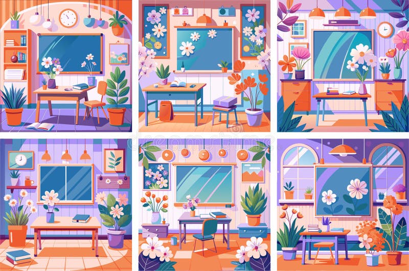 Set de ilustrații color pe tema toamnei cu o clasă la școală royalty free illustration