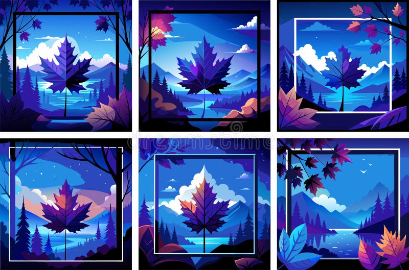 Set de ilustrații color pe tema toamnei cu frunze vector illustration